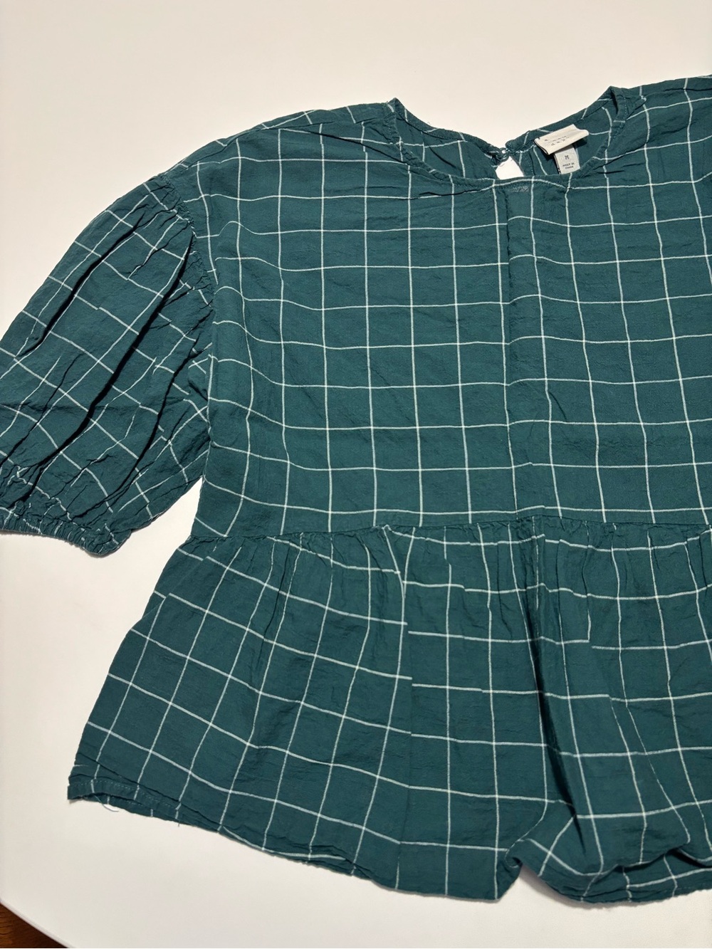 A New Day Dark Teal & White Grid / Plaid Peplum Cotton Short Sleeve Shirt